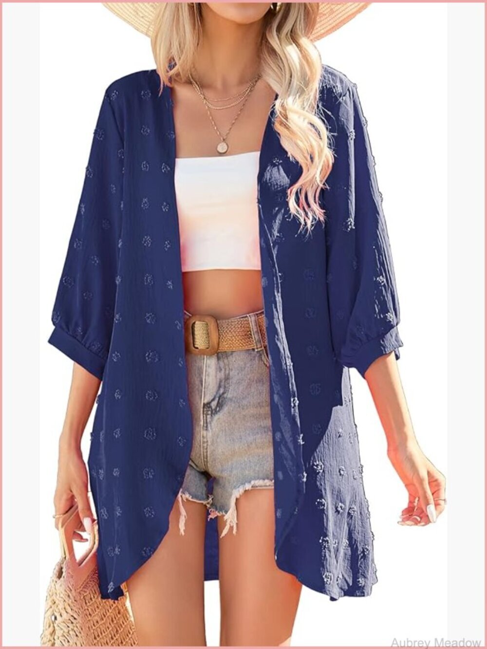 Lightweight Gauzy Swiss Dots Kimono Cardigan 3/4 Sleeve Beach Cover Up